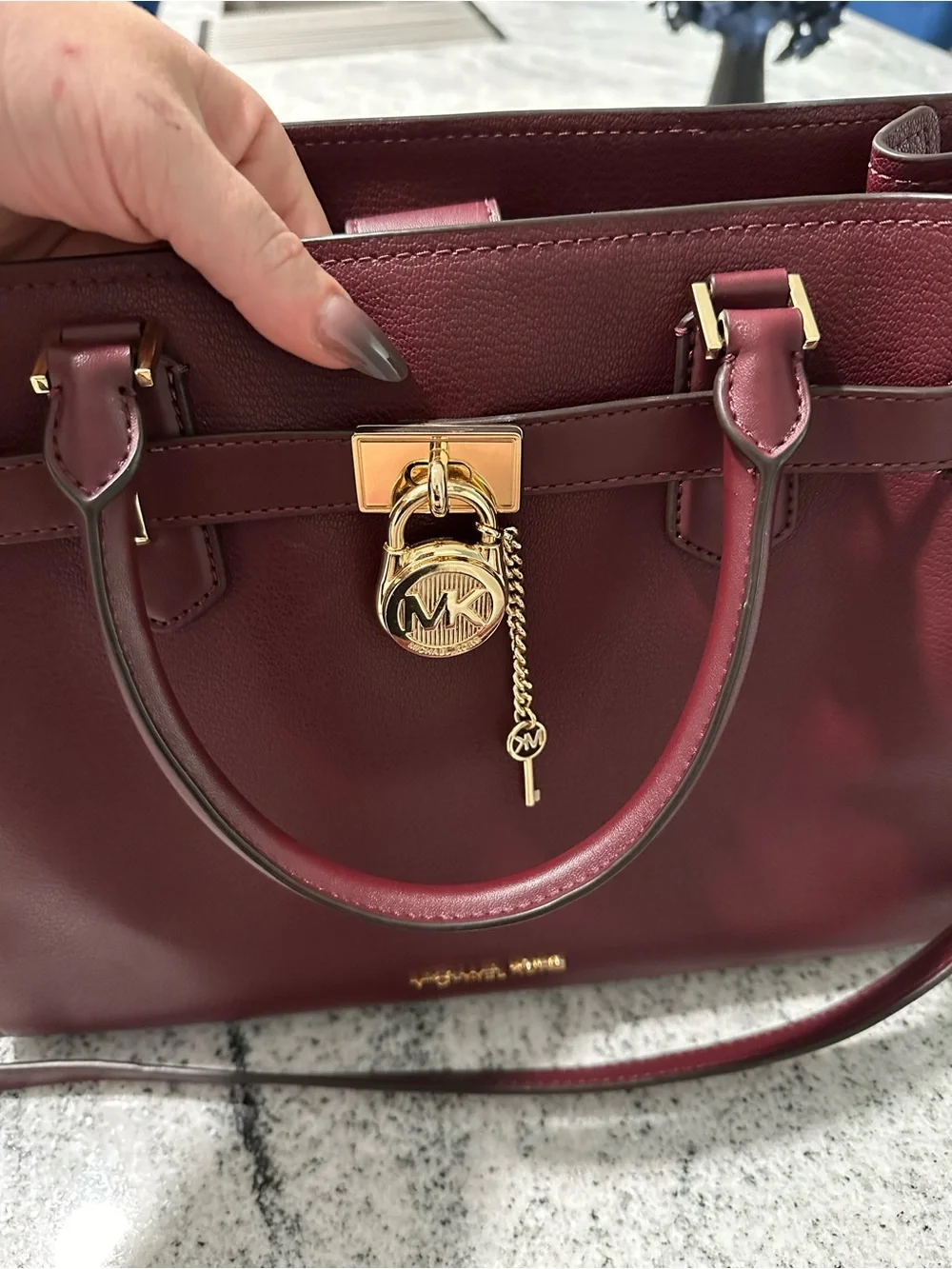 Michael Kors Wine Leather Satchel with Gold Accent with matching wallet